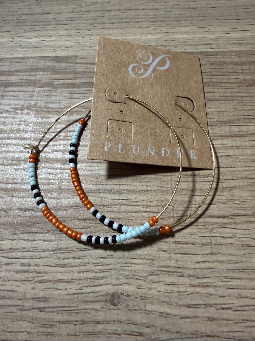 Plunder Gold Hoop Earrings with Orange, White & Black Beads